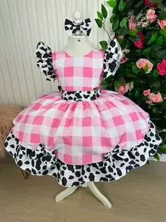 VESTIDO INFANTIL FAZENDINHA ROSA VAQUINHA COM LAÇO - LORY JOY | LOJA INFANTIL