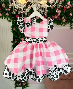 Imagem do VESTIDO INFANTIL FAZENDINHA ROSA VAQUINHA COM LAÇO