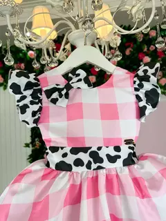 VESTIDO INFANTIL FAZENDINHA ROSA VAQUINHA COM LAÇO - loja online