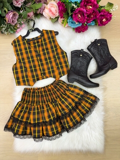 Conjunto Junino Infantil Melissa Xadrez Amarelo | Look Caipira Luxo Menina | Miss Cherry São João