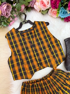 Conjunto Junino Infantil Melissa Xadrez Amarelo | Look Caipira Luxo Menina | Miss Cherry São João