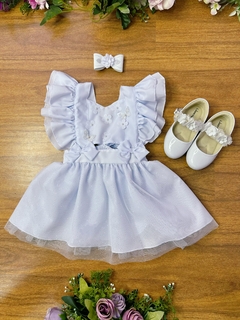 ROMPER INFANTIL BRANCO JARDIM ENCANTADO COM SAIA DE GLITTER E LAÇO PARA BATIZADO