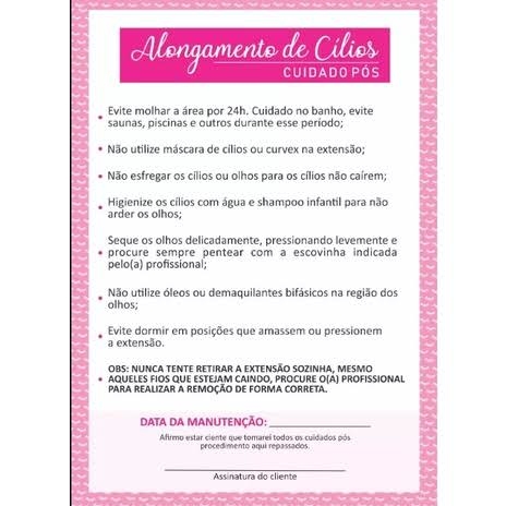 Bloco Ficha Cuidados de Pós Cílios