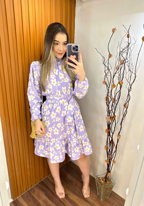 Vestido Luna ( Roxo com flores brancas )