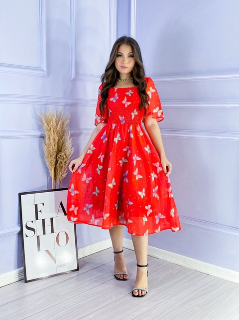 Vestido Taty ( Chifon ) Vermelho com Borboletas