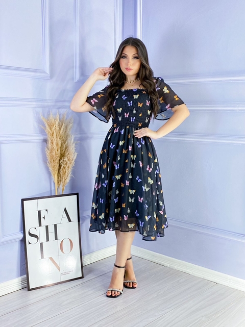 Vestido Taty Preto com borboletas