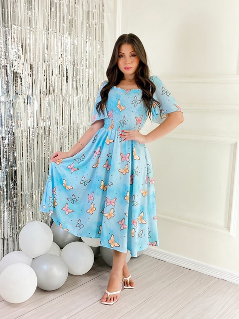 Vestido Taty Azul com Borboletas
