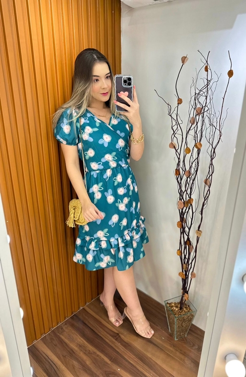 Vestido Olivia ( Verde Com Flor branca )