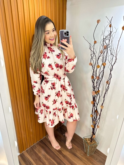Vestido Luna ( Bege com flores vermelhas )