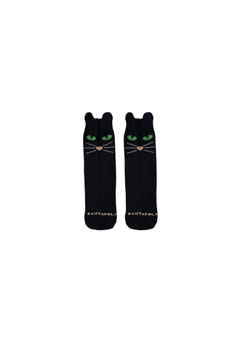 Meia Cantarola miau preta, modelo soquete Infantil. As meias da Cantarola tem os tamanhos aproximados com o do calçado. Lembrando que a meia pode ficar mais ou menos esticada. As meias soquetes tem o cano lemente alongado que o tradicional, mas não chega 