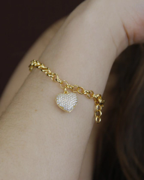 Pulseira Elo Portugues Coração Cravejado