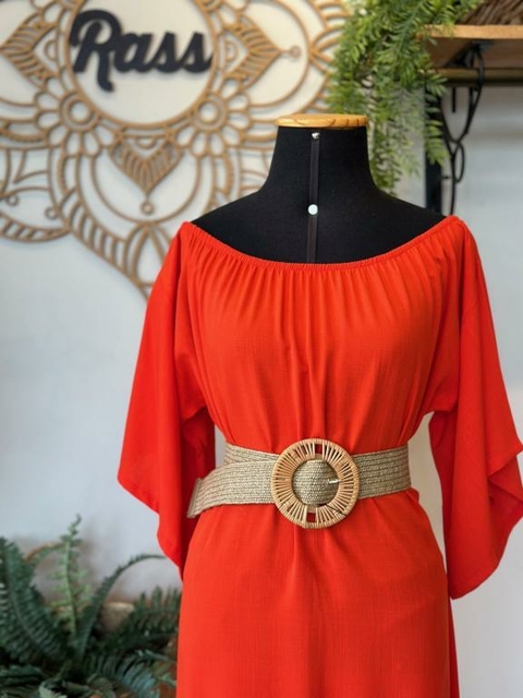 Vestido longo ombro a ombro coral