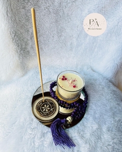 Kit Meditação, bandeja espelhada, vela aromática, incensário e japamala na internet