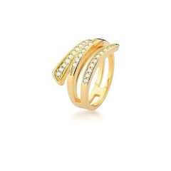 Anel 3 vias, cravejado e banhado a ouro 18k