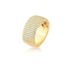Anel cravejado com nove fileiras de zircônias, banhado a ouro 18k