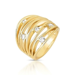 Anel Waveline com zirconias e banhado em ouro