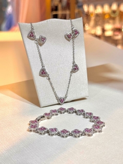 Conjunto cravejado rosa banhada a prata semi jóia na internet