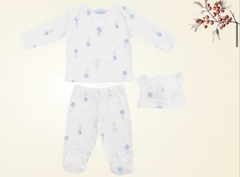 Conjunto de Tres Piezas, Batita con Ranita y Gorro, todo con Picot, en Interlock Pima, Estampa Elefante