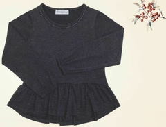 Remera en jersey gamuzado con volados y detalles en lurex
