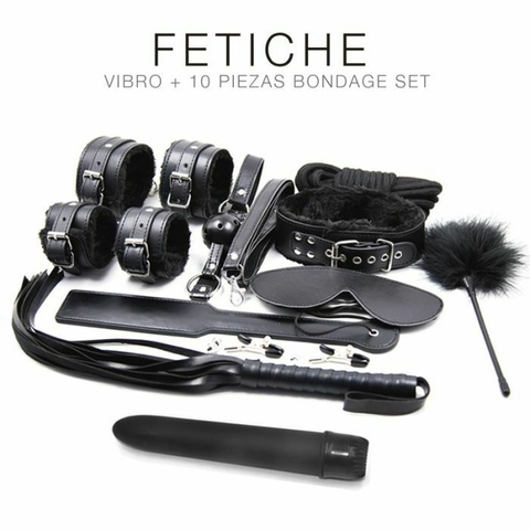 KIT VIBRO + 10 PIEZAS BONDAGE SET- FETICHE