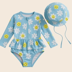Maiô infantil + Chapéu Manga Longa Menina Proteção Solares U