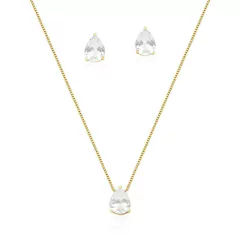 CONJUNTO BRINCO E CORRENTE COM PINGENTE GOTA FOLHEADO A OURO