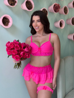 Conjunto Rosane Pink neon com saia