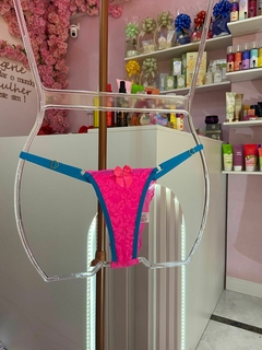 Calcinha Fio renda pink neon com turquesa