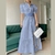 Vestido Longo Maxi Listrado Feminino Com Manga Bufante Elegante