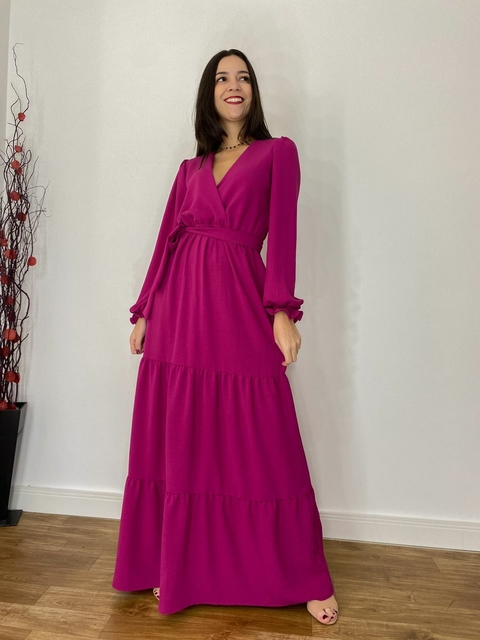 Vestido Laura manga longa tecido crepe duna