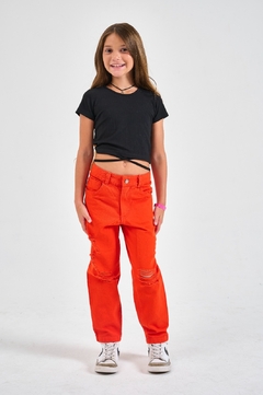 PANTALON MOM DE GABARDINA GEMMA CON ROTURAS NARANJA
