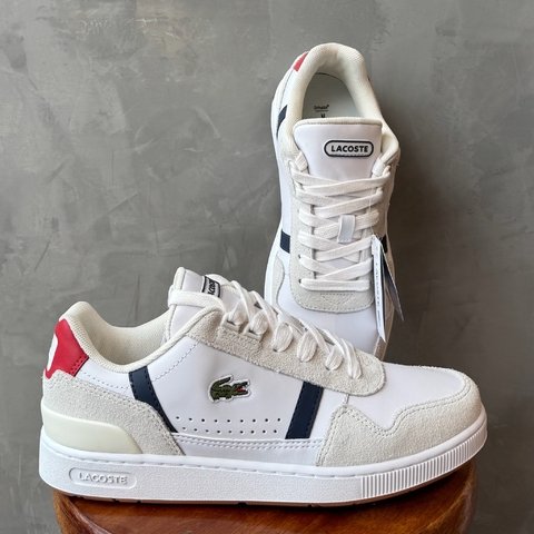 TÊNIS LACOSTE T-CLIP DE COURO - BRANCO C/ DETALHES EM VERMELHO