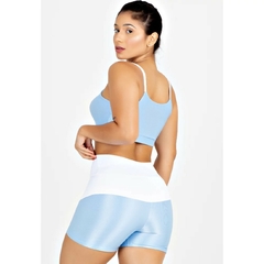 Conjunto Feminino Fitness Cropped Sustentação + Short Legging Azul e Branco - Presente Mais Você