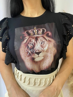 camiseta Fem leão manga broderie