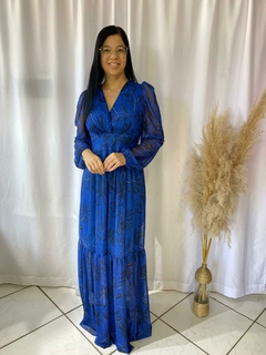 Vestido Tule Longo Decote V M/L Floral C/Bojo Estampado