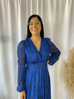 Vestido Tule Longo Decote V M/L Floral C/Bojo Estampado - comprar online