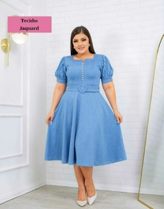 Vestido Midi M/Curta Plissada Jaquard Botões Brilho C/Cinto - comprar online