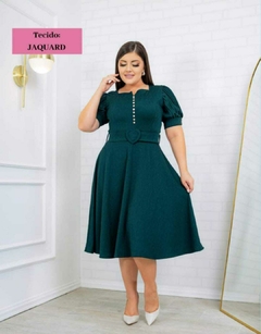 Vestido Midi M/Curta Plissada Jaquard Botões Brilho C/Cinto
