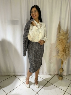 Saia Midi Tweed Fenda Lteral Xadrez Fios Lurex - comprar online