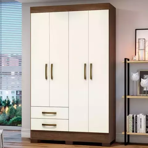 GUARDA ROUPA SOLTEIRO 4 PORTAS 02 GAVETAS C/ PÉS CASTANHO HP/OFF WHITE -REF: BE12-138 BRIZ - HENN *(OBS. LEVE AVARIA)*