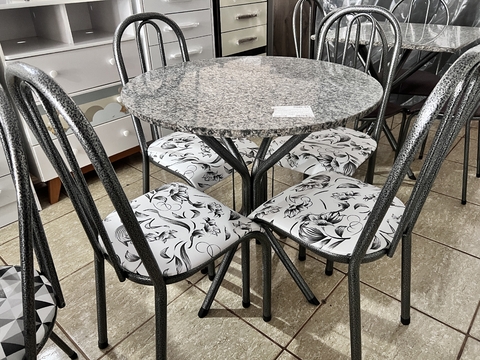 MESA C/4 CADEIRAS VERA 80X80 REDONDA, CADEIRA JASMIM PT/PRATA ASSENTO: BRANCO FLORAL