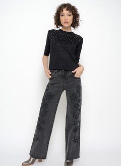 Pantalón ancho flores negras