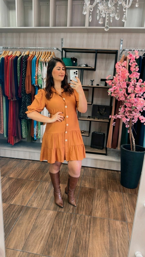 Vestido Mary em Linho Sarjado - Mostarda - comprar online