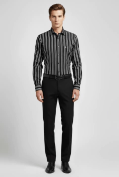 Camisa  de vestir negra con rayas blancas marca High Society Calidad Premium