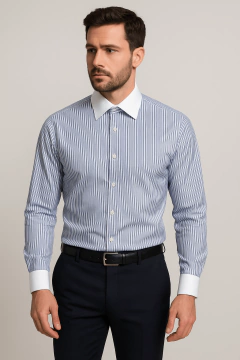 Camisa Azul Puños y cuello Blanco en internet