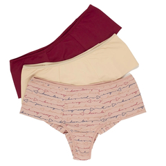 Calcinha Cós Alto Fio Duplo com Lateral Larga “Wish, Dream, Love” | Kit com 03 peças - Ref.: 2051K-29