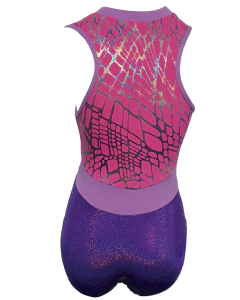 Leotardo Gimnasia niña, Modelo 17240-17 - Glitter con pico en V, telaraña rosa y morado calzón on internet