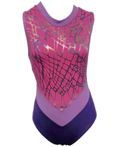 Leotardo Gimnasia niña, Modelo 17240-17 - Glitter con pico en V, telaraña rosa y morado calzón