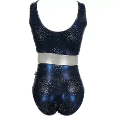 Leotardo Gimnasia niña, Modelo 17010-25 - Glitter Marino universo con cuello alto y espalda en "U" con cinta girando en glitter plata - buy online