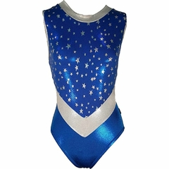 Leotardo Gimnasia niña Modelo 17240-9 - Rey con Estrellas con cortes en pico y cuello en plata